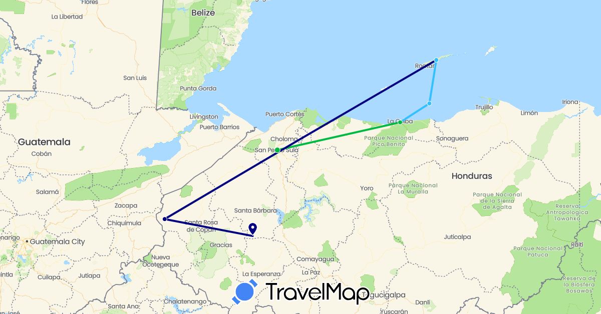 TravelMap itinerary: driving, bus, boat in Honduras (North America)